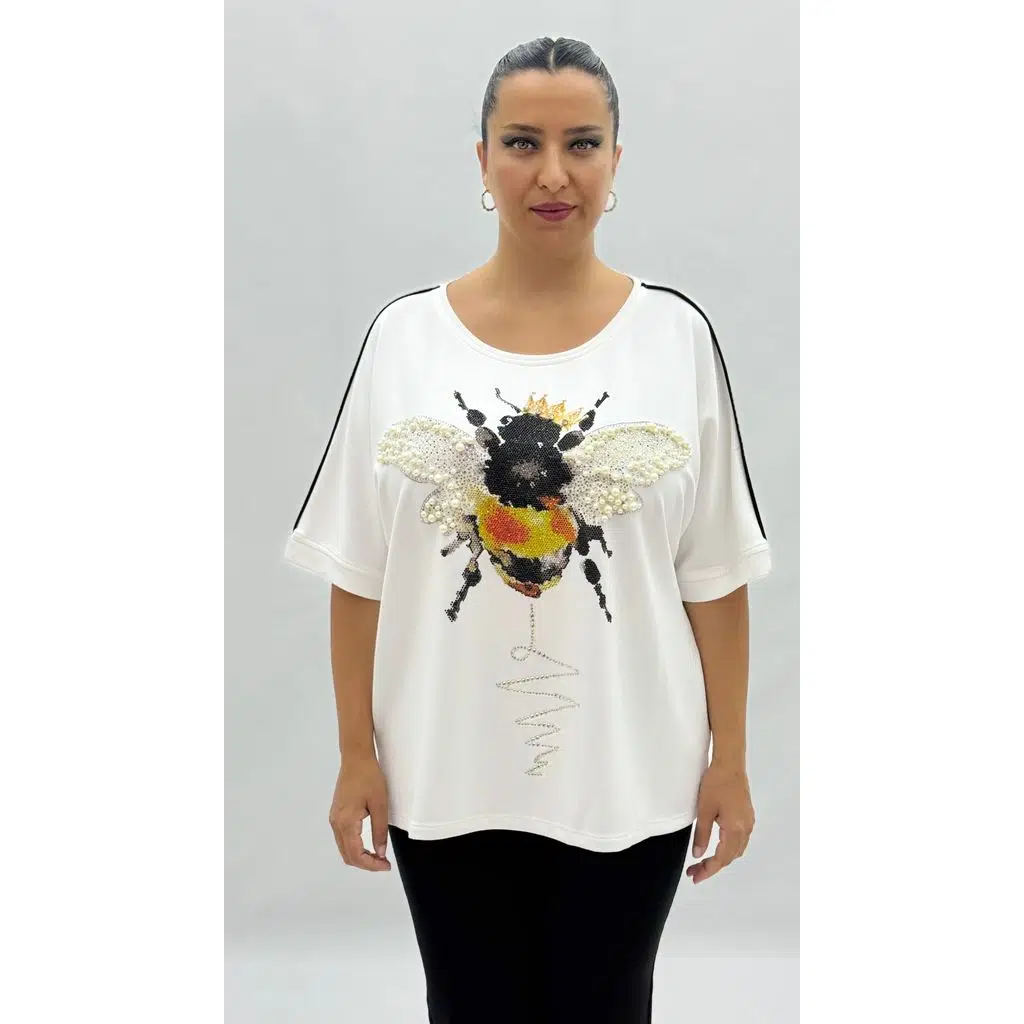 Plus Size Bee Motif Stone And Pearl Detailed Oversize Short Sleeve Women's T-Shirt - White