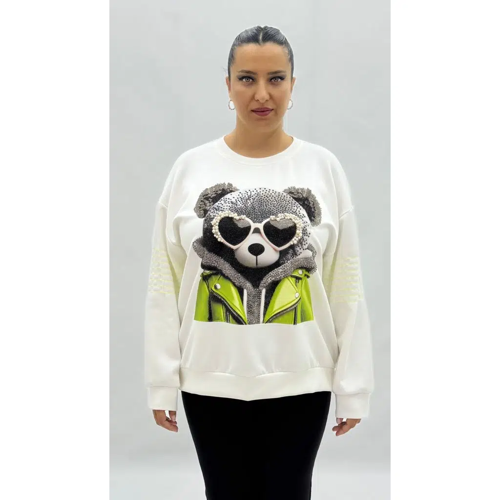 Plus Size Teddy Bear Graphic Stone And Pearl Detailed Long Sleeve Oversize Women's Sweatshirt - White