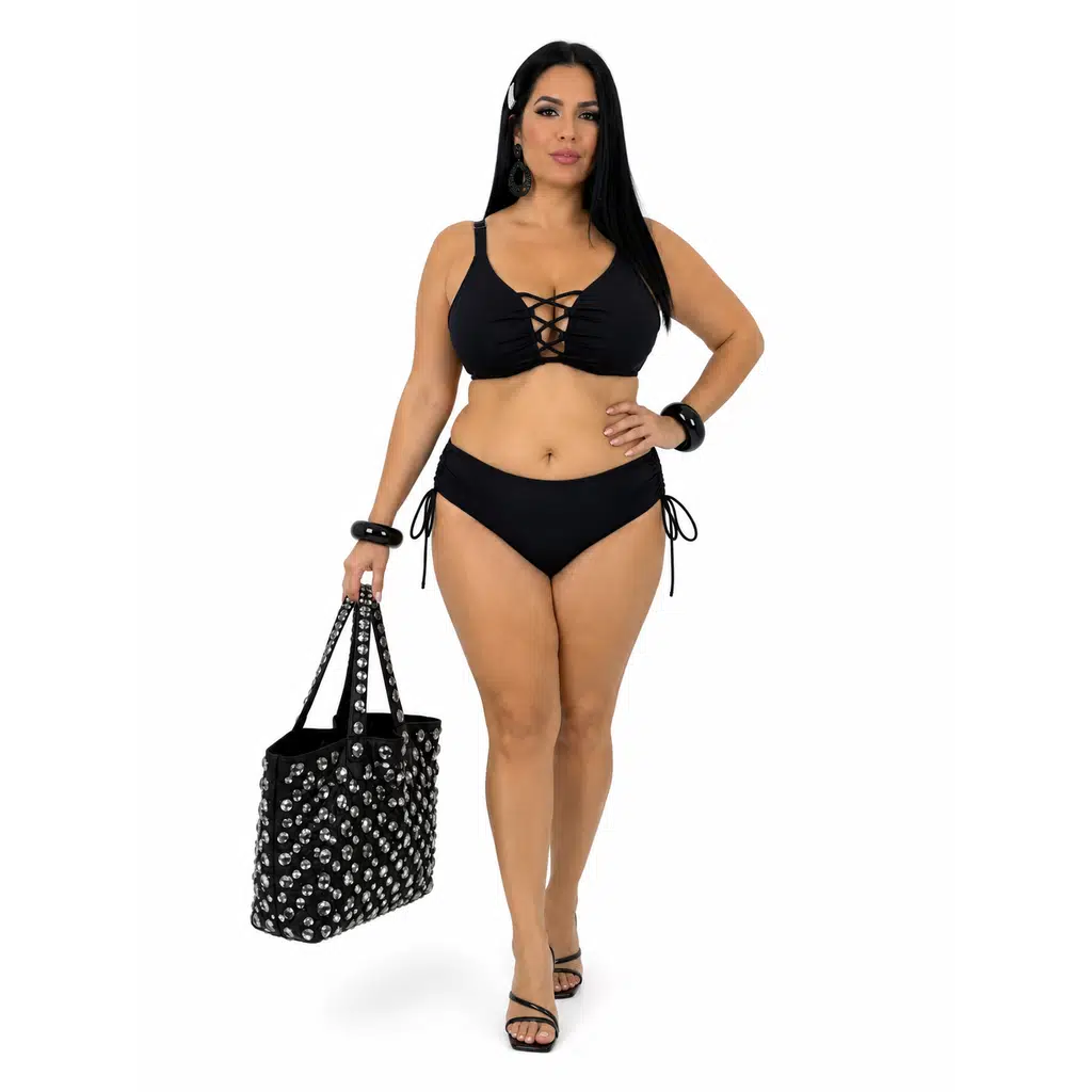 Büyük Beden Bağcıklı Göğüs Dekolteli Ayarlanabilir Askılı Yüksek Bel Yan Büzgülü Kadın Bikini Takım - Siyah