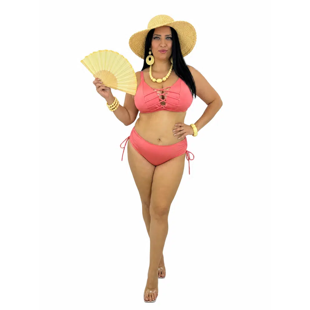 Büyük Beden Bağcıklı Göğüs Dekolteli Ayarlanabilir Askılı Yüksek Bel Yan Büzgülü Kadın Bikini Takım - Mercan