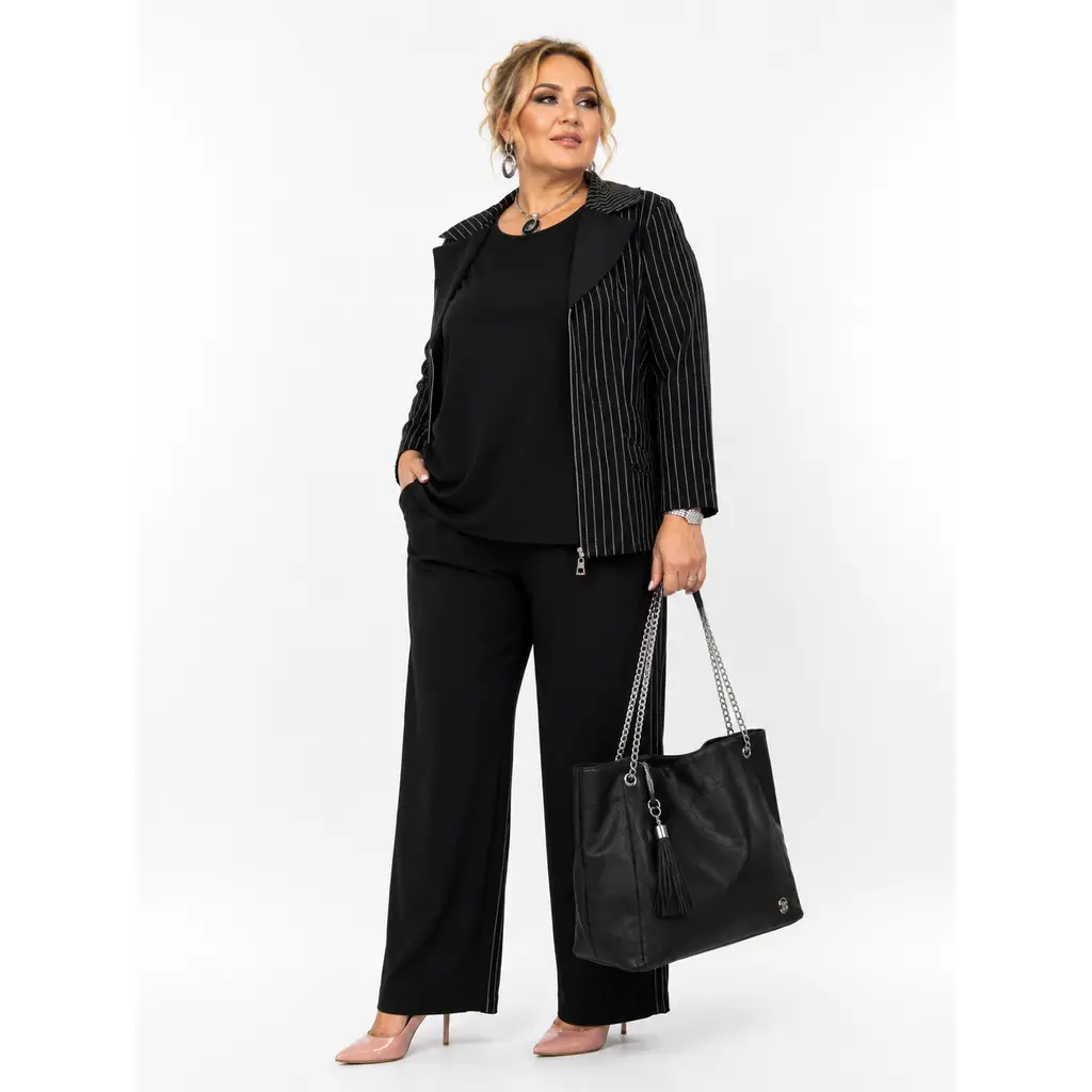 Große Größen Made in Türkiye Damen Dreiteiler mit Nadelstreifen Reißverschluss Jacke Top und weiter Hose