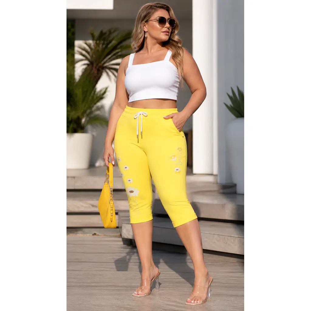 Plus Size Elastic Waist Drawstring Floral Printed Stretch Fabric Knee Length Women Capri MADE IN TURKEY - Yellow