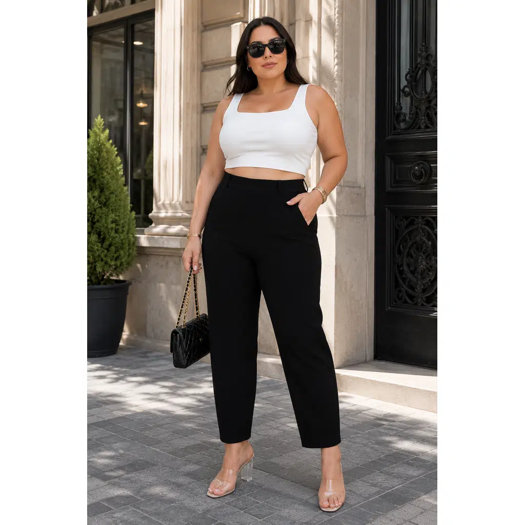Plus Size High Waist Straight Leg Comfortable Fabric Pants Made in Turkey Zanessi - Black