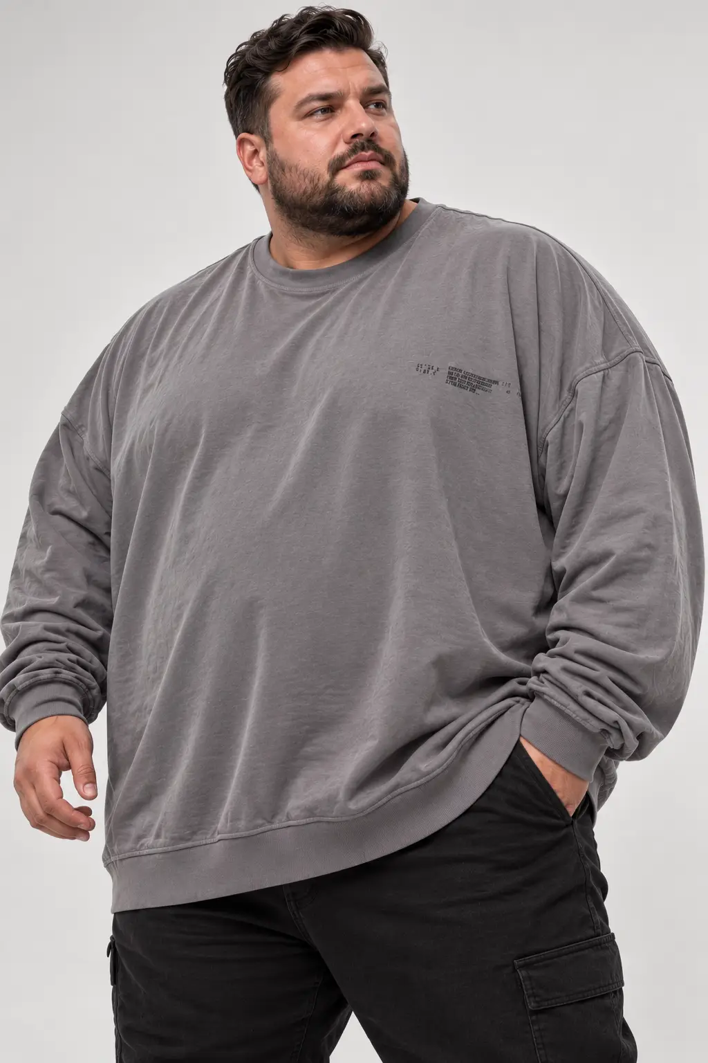 Büyük Beden Bisiklet Yaka %100 Pamuklu Ribanalı Uzun Kollu Erkek Sweatshirt Gri 2XL–10XL
