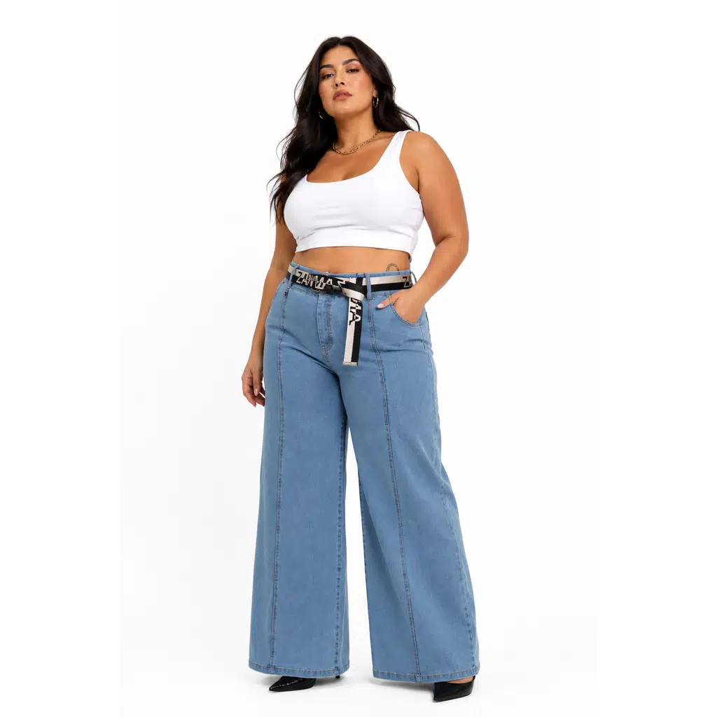 Büyük Beden Denim Kemerli Yüksek Bel Geniş Paça Kadın Pantolon - Bleu