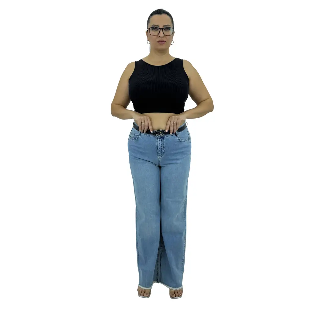 Büyük Beden Denim Kemerli Yüksek Bel Toparlayıcı Bol Paça Kadın Pantolon - Mavi