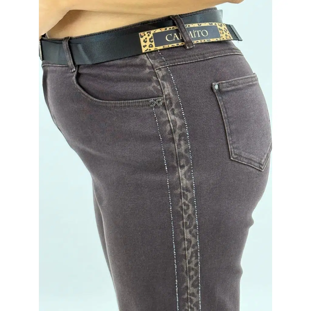 Plus Size Oversize Wide Cut Relaxed Fit Denim Mom Fit Belted High Rise Stone Detail Women Pants - Brown