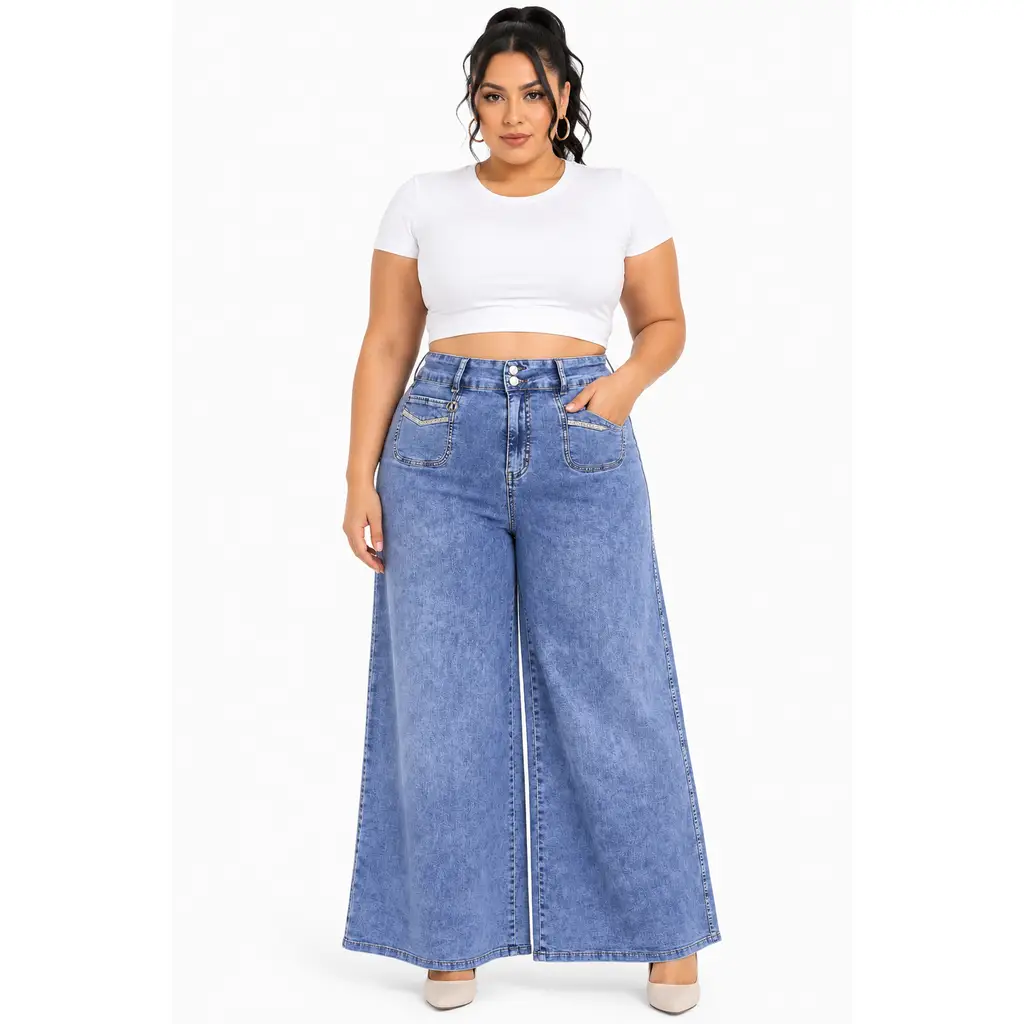 Büyük Beden Denim Taşlı Yüksek Bel Ön Cep Detaylı Taşlı Bol Paça Kadın Pantolon - Mavi