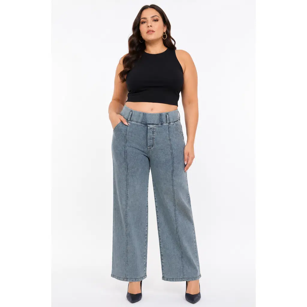 Büyük Beden Denim Yüksek Bel Bol Paça Kadın Pantolon - Зеленый