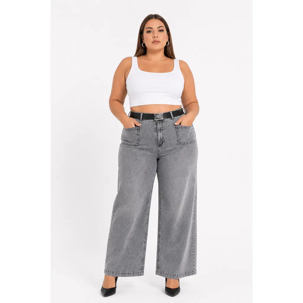 Büyük Beden Denim Yüksek Bel Kemerli Ön Cep Detaylı Bol Paça Kadın Pantolon - Noir