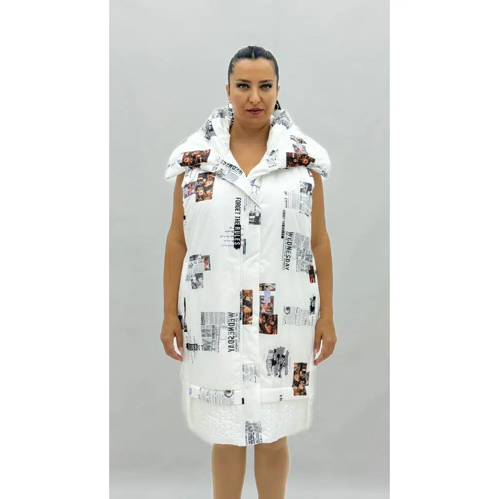 Plus Size Made In Turkey Zippered Buttoned Wide Collar Pocketed Oversize Long Women’s Vest - White