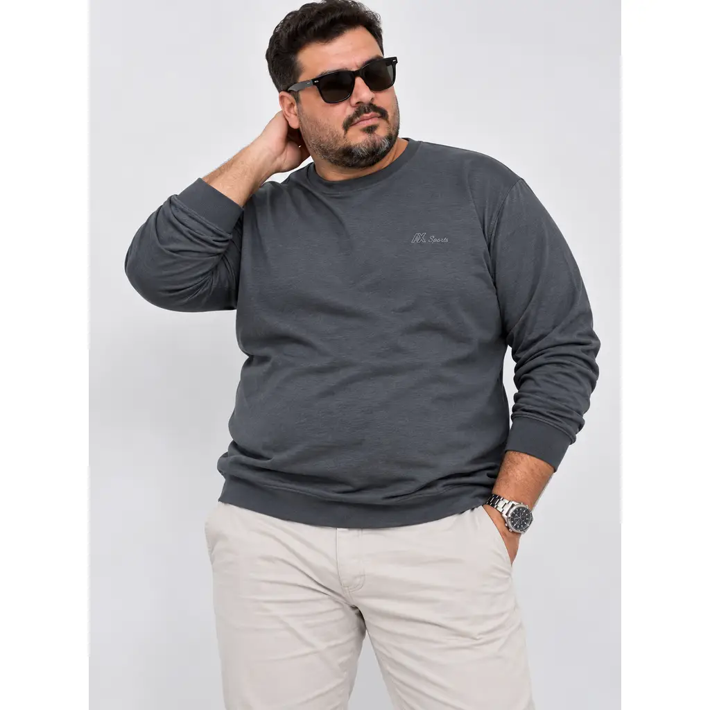Büyük Beden Bisiklet Yaka Uzun Kollu Ribanalı Erkek Sweatshirt