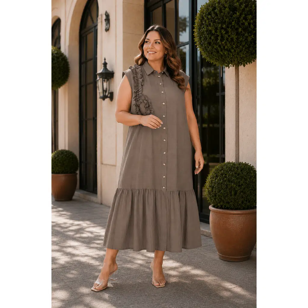 Robe Femme Grande Taille Col Chemise Boutonnée Volants Sans Manches Coupe Ample Midi Made in Turkey DARKWIN - Marron
