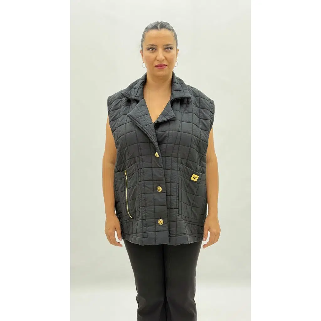 Grand Taille Gilet Femme Oversize en Viscose avec Détails de Fermeture Éclair, Poches et Boutons Matelassé - Noir