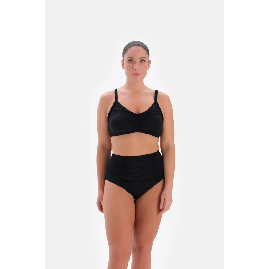 Büyük Beden Kaplı Büzgü Detaylı Sabit Pedli Siyah Bikini Takım - Siyah