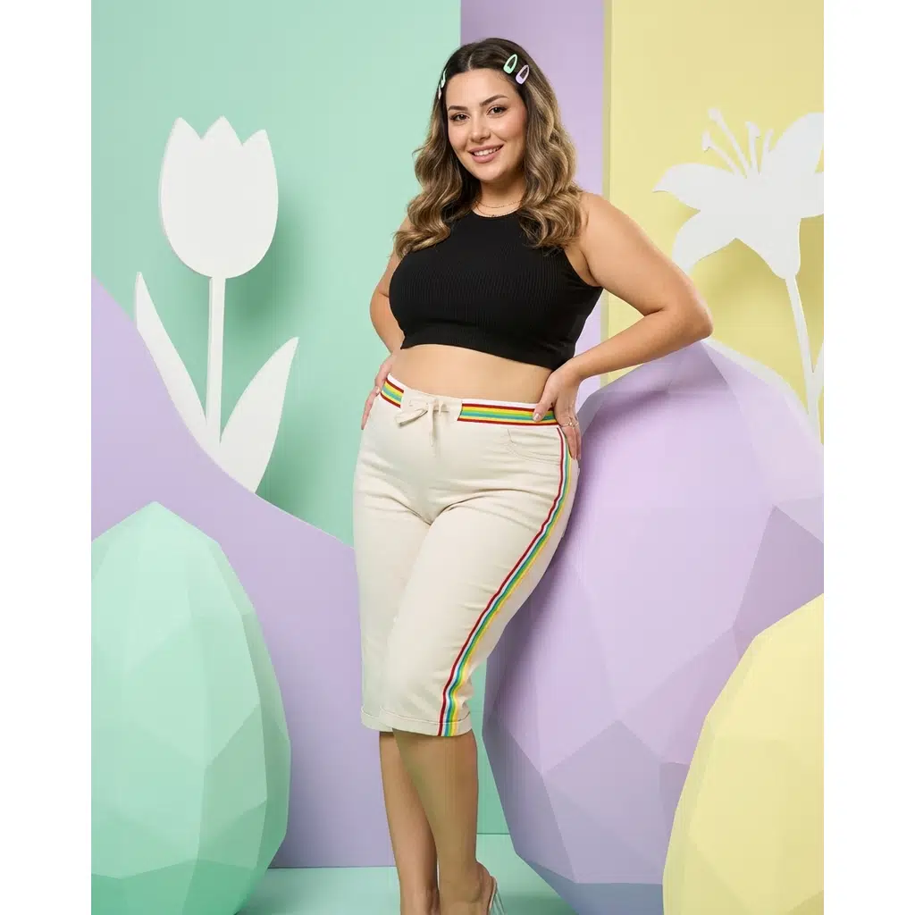 Plus Size High Waist Elastic Stripe Detail Stretch Relaxed Casual Women’s Capri - Beige