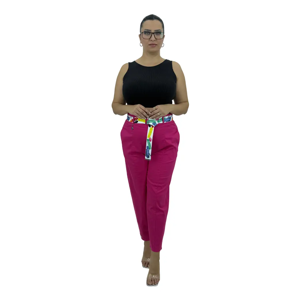 Büyük Beden Mom Kemerli Yüksek Bel Kadın Pantolon - Fuşya
