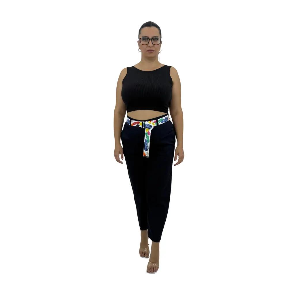 Büyük Beden Mom Kemerli Yüksek Bel Kadın Pantolon - Lacivert