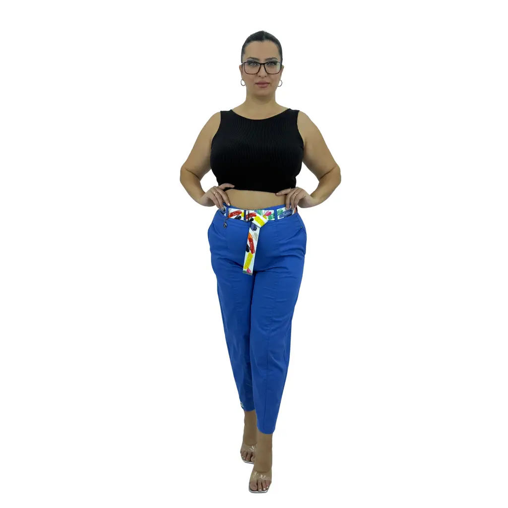 Büyük Beden Mom Kemerli Yüksek Bel Kadın Pantolon - Mavi