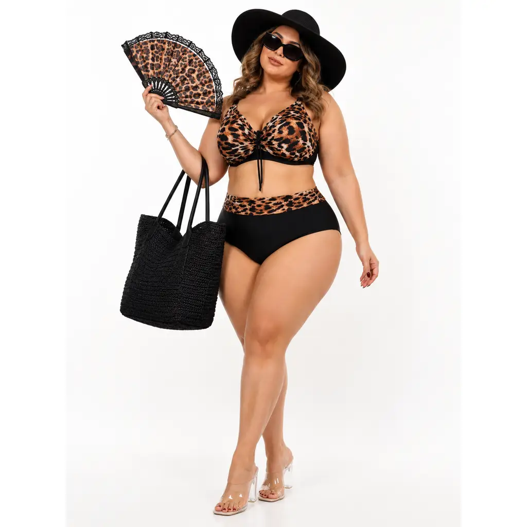 Büyük Beden Sabit Kaplı Telli Desenli Üst Bağcık Detaylı Yüksek Bel Kadın Bikini Takımı