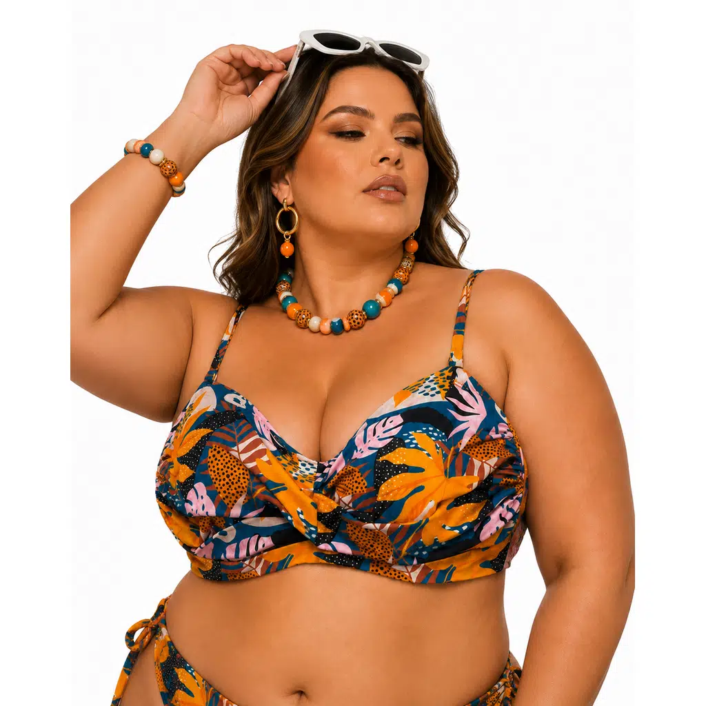 Büyük Beden Straplez Sabit Pedli Desenli Ayarlanabilir Askılı Kadın Bikini Üst - Desenli