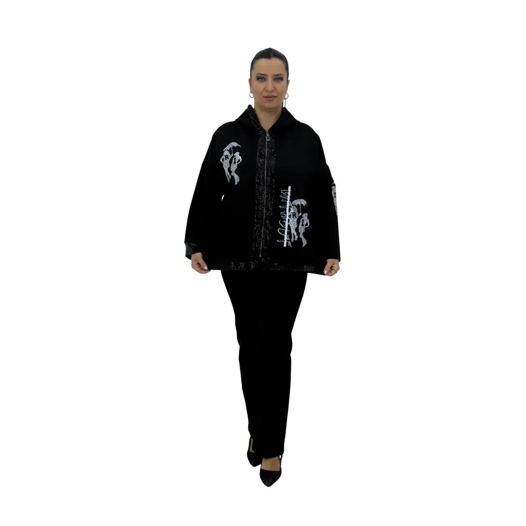 Große Größe mit Steinen, Pailletten-Details, Kapuze, Reißverschluss, langärmlig, mit Taschen, bequemer Schnitt Damenjacke - Schwarz