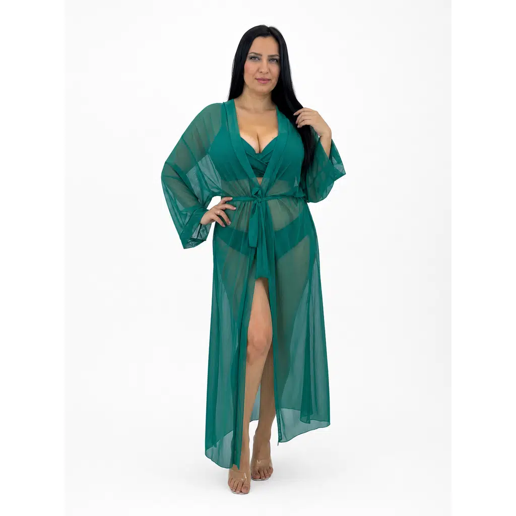 Büyük Beden Uzun Kollu Belden Bağcıklı Tül Kadın Kaftan Pareo - Haki