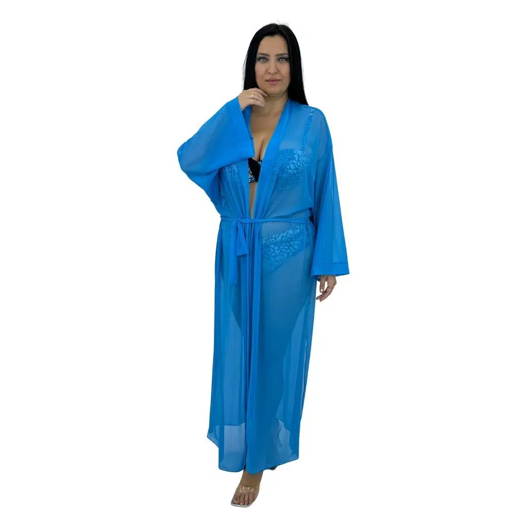 Büyük Beden Uzun Kollu Belden Bağcıklı Tül Kadın Kaftan Pareo - Mavi