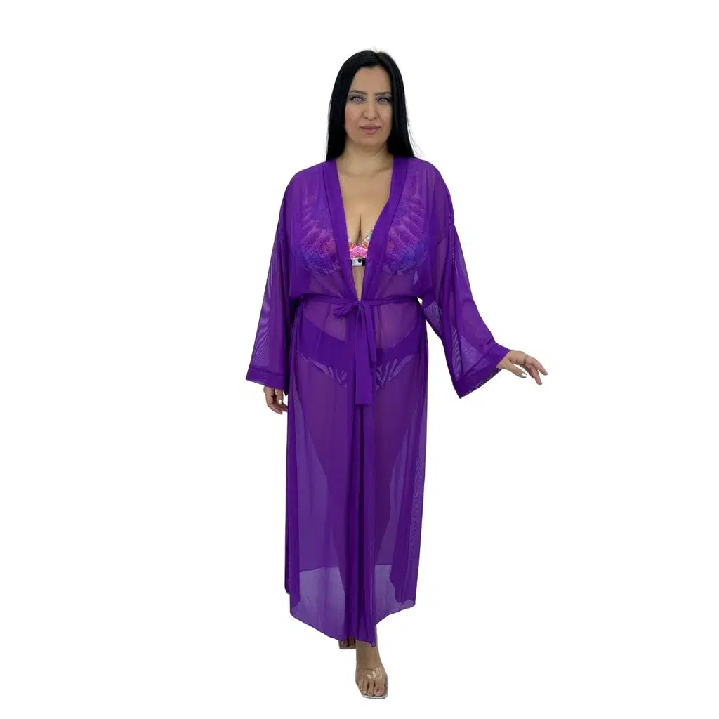 Büyük Beden Uzun Kollu Belden Bağcıklı Tül Kadın Kaftan Pareo - Mor