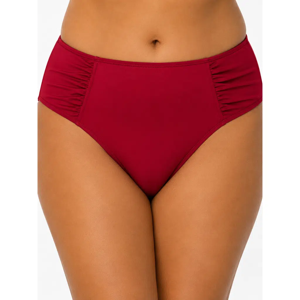 Büyük Beden Yan Drapeli Toparlayıcı Yüksek Bel Kadın Bikini Alt - Kırmızı