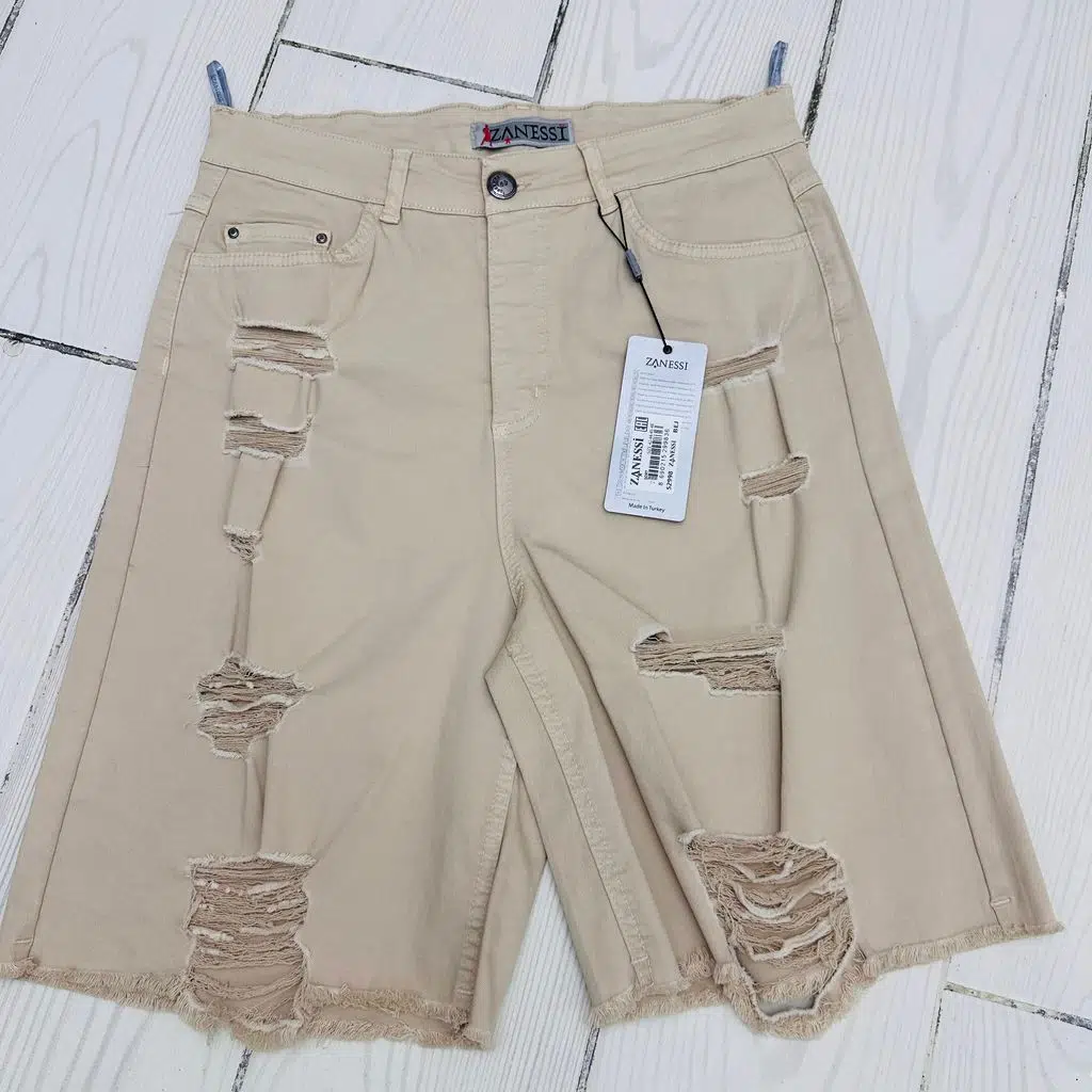 Büyük Beden Yüksek Bel Yırtık Cepli Denim Kadın Şort - Bej