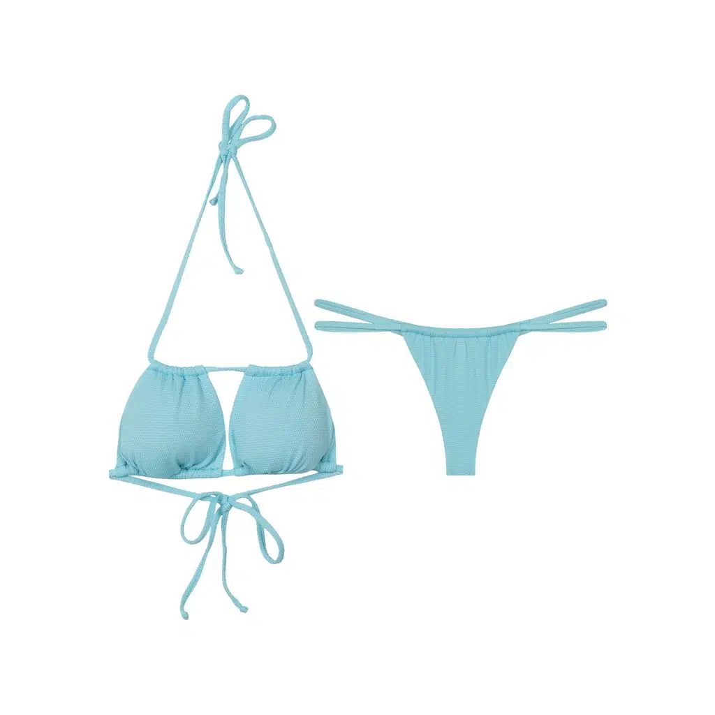 İpli Üçgen Dokulu Kumaş Bikini Takım - Turkuaz