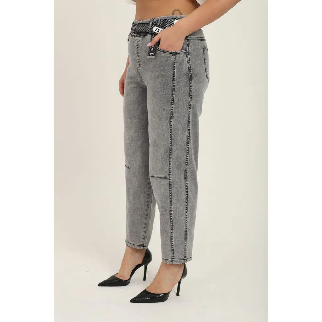Büyük Beden Kemerli Cepli Likralı Yüksek Bel Mom Kesim Kadın Pantolon - Gris