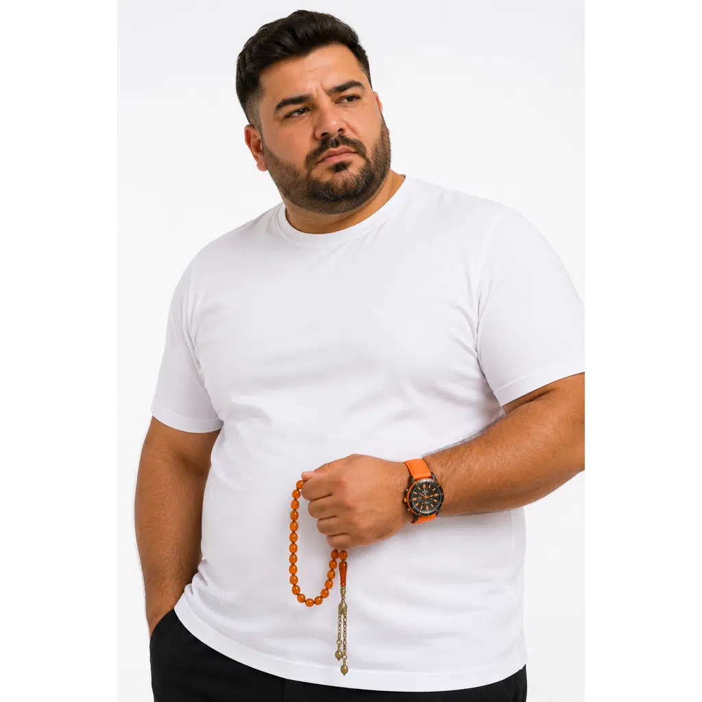 Yuvarlak Yaka Erkek Battal Düz Renk Pamuklu Basic Tshirt - Beyaz
