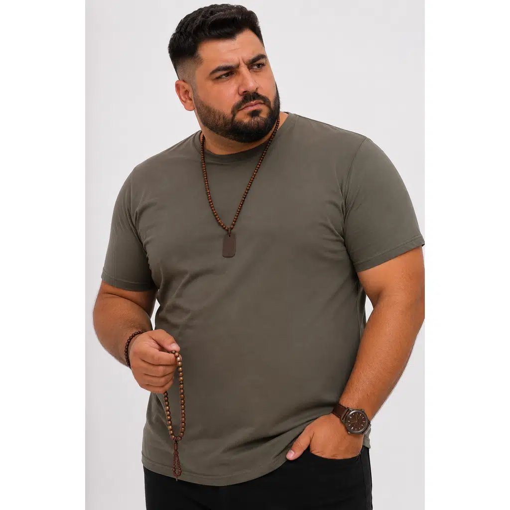 Yuvarlak Yaka Erkek Battal Düz Renk Pamuklu Basic Tshirt - Haki