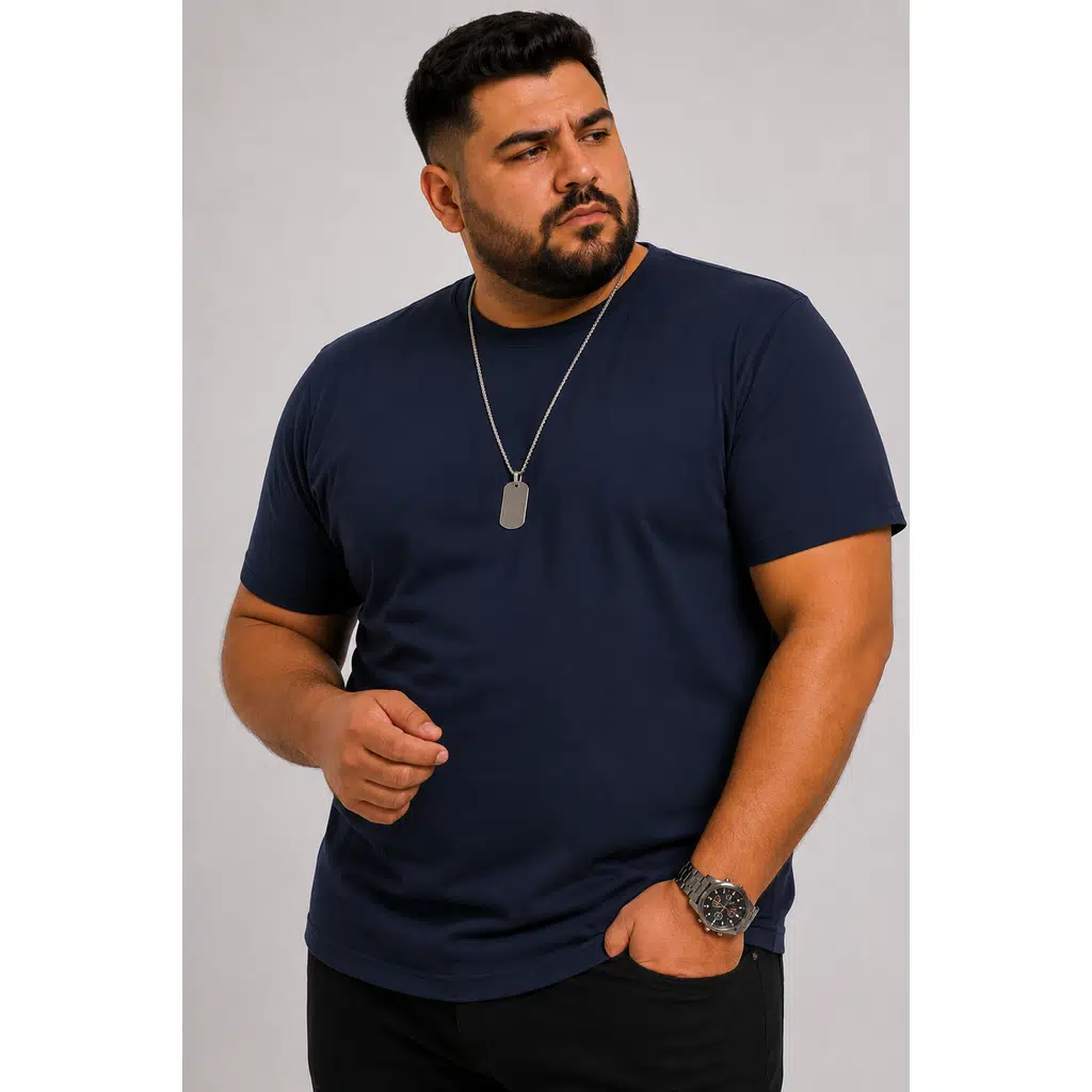 Yuvarlak Yaka Erkek Battal Düz Renk Pamuklu Basic Tshirt - Lacivert