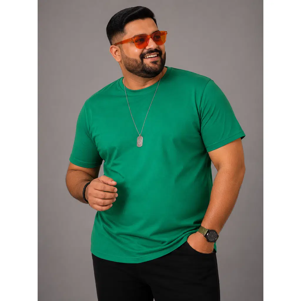 Yuvarlak Yaka Erkek Battal Düz Renk Pamuklu Basic Tshirt - Yeşil