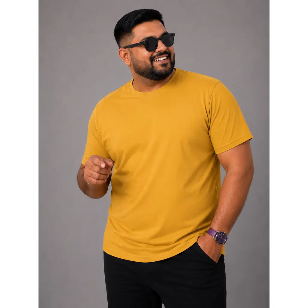 Yuvarlak Yaka Erkek Battal Düz Renk Pamuklu Basic Tshirt - Hardal